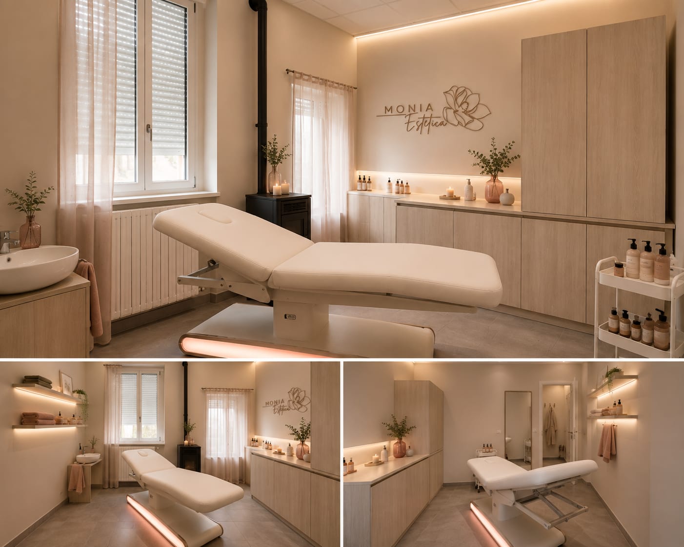 Rendering della cabina massaggi di Monia Estetica con lettino, luci calde e arredi chiari